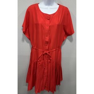 New York & Company Dress Women's Size Large Orange Pleated Front Tie Button Up